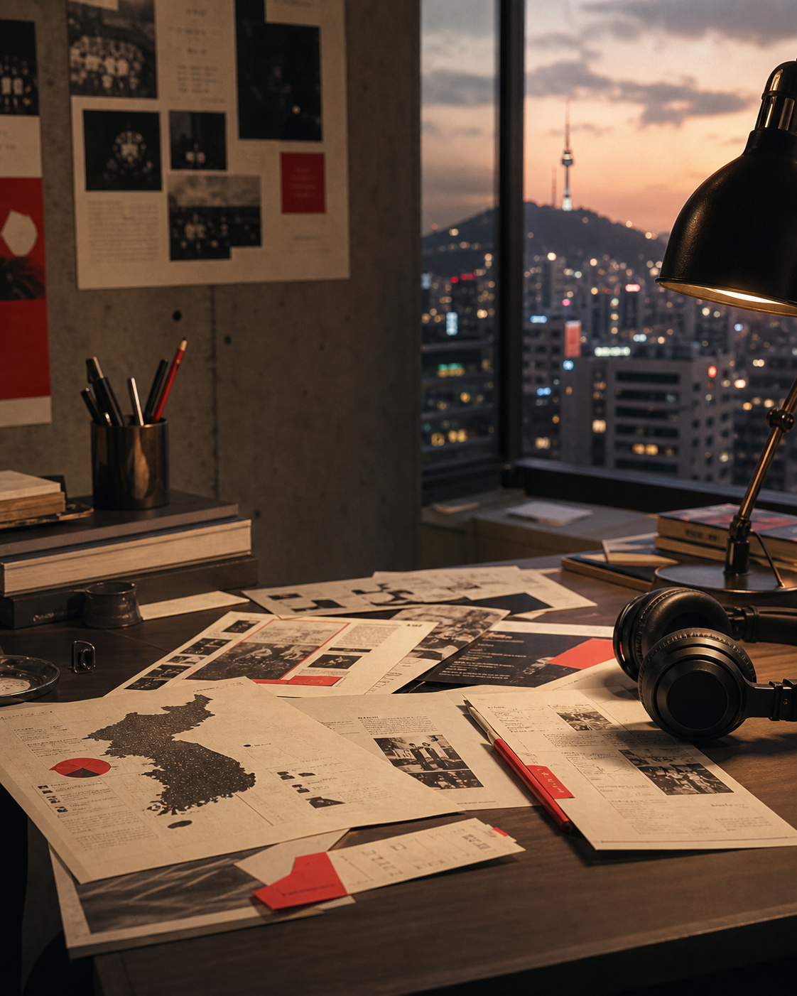 Editorial desk with Korean media notes and K-pop analysis materials
